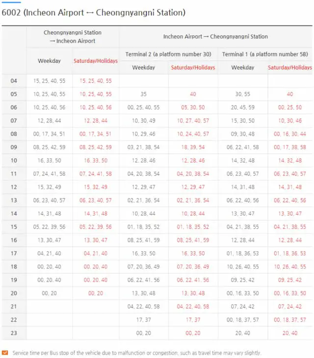 Incheon to Hongdae airport bus timetable
