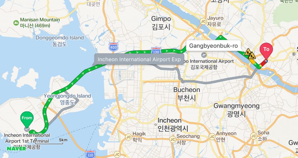 Taxi route from ICN to Hongdae