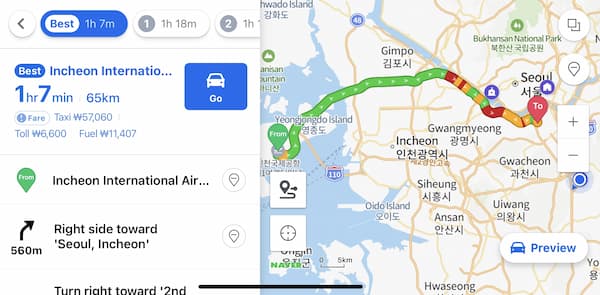 taxi fare from Incheon to gangnam