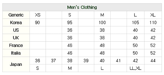 Men clothes Korean sizes conversion