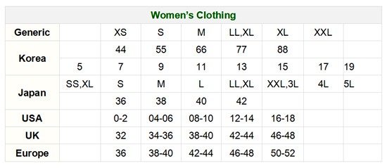 Women clothes size conversion