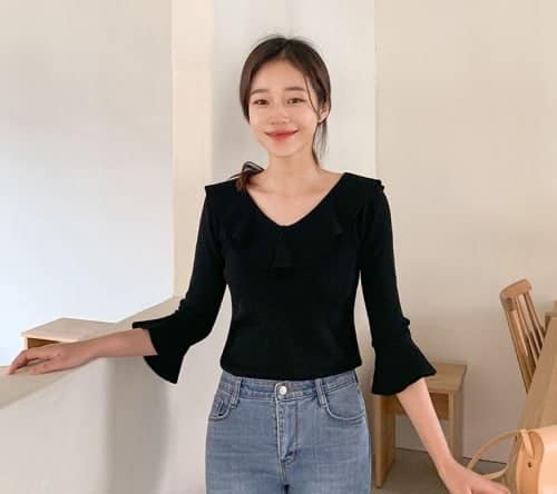 Bell-Sleeve Mesh-Panel Back Knit Top