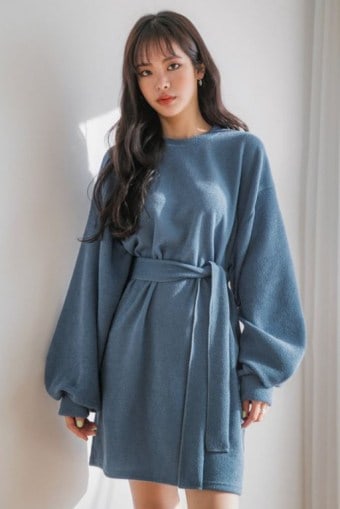 Bishop-Sleeve Knit Dress with Sash