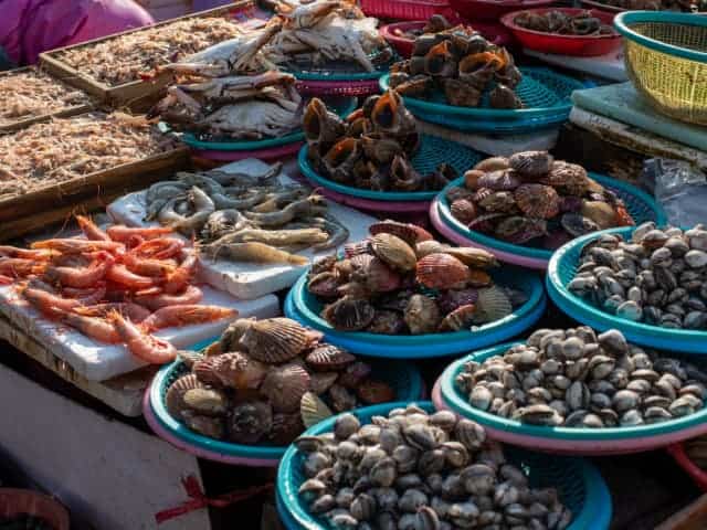 Una foto del cibo al mercato del pesce di Jagalchi a Busan, in Corea del Sud.