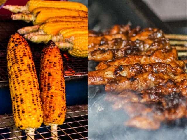 Brochette de pouletMaïs grillé au beurre sur l'île de Nami