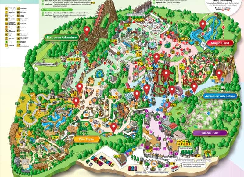 Mappa delle giostre più popolari nel parco tematico Everland, Corea del Sud