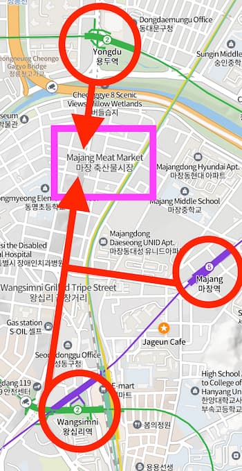 how to get to Majang Meat Market from subway stations